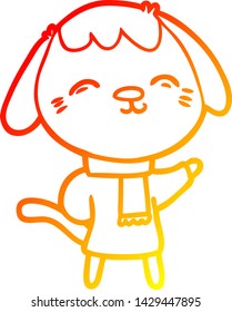 warm gradient line drawing of a happy cartoon dog in winter clothes