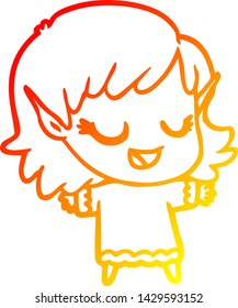 warm gradient line drawing of a happy cartoon elf girl