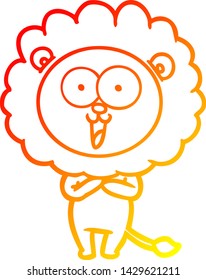 warm gradient line drawing of a happy cartoon lion