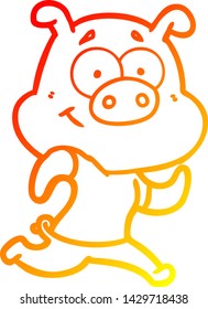 warm gradient line drawing of a happy cartoon pig running