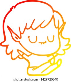 dibujo de línea de degradado cálido de una joven elfo de dibujos animados feliz sentada
