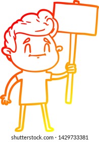 warm gradient line drawing of a happy cartoon man with sign