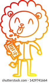 warm gradient line drawing of a happy cartoon lion