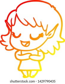warm gradient line drawing of a happy cartoon elf girl
