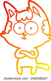 desenho de linha gradiente quente de um gato de desenho animado feliz com braços cruzados
