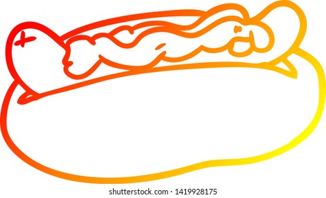 warm gradient line drawing of a hotdog with mustard and ketchup