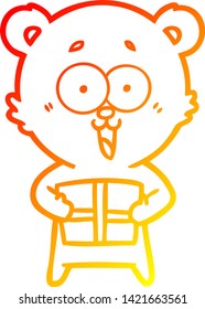 warm gradient line drawing of a laughing teddy  bear with christmas present