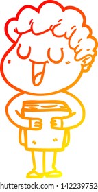 desenho de linha gradiente quente de um homem de desenhos animados rindo com livro