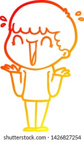 warm gradient line drawing of a laughing cartoon man shrugging shoulders