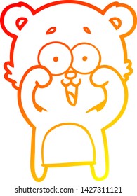 dibujo de línea de gradiente cálido de una caricatura de oso de peluche riéndose