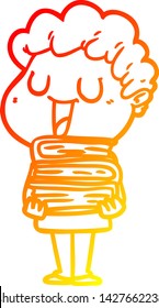 warm gradient line drawing of a laughing cartoon man with books