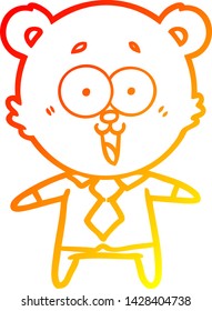 warm gradient line drawing of a laughing teddy  bear cartoon in shirt and tie