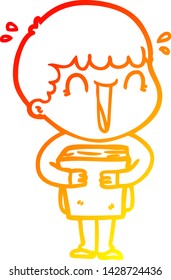 warm gradient line drawing of a laughing cartoon man holding book