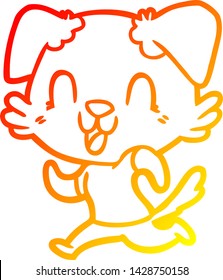 warm gradient line drawing of a laughing cartoon dog jogging