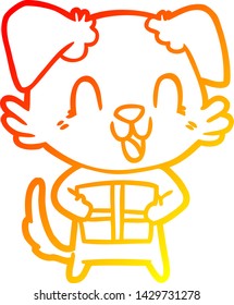 warm gradient line drawing of a laughing cartoon dog with christmas present