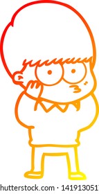 warm gradient line drawing of a nervous cartoon boy