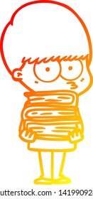 warm gradient line drawing of a nervous cartoon boy carrying books