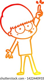 warm gradient line drawing of a nervous cartoon boy with idea