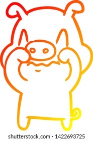 dibujo de línea de gradiente cálido de un cerdo de dibujos animados nerviosos