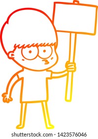 dibujo de línea de gradiente cálido de un niño de dibujos animados nerviosos con un cartel