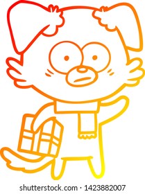 warm gradient line drawing of a nervous dog cartoon with gift