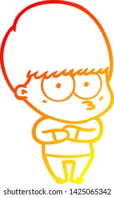 warm gradient line drawing of a nervous cartoon boy