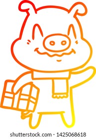 warm gradient line drawing of a nervous cartoon pig with present