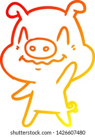 warm gradient line drawing of a nervous cartoon pig waving
