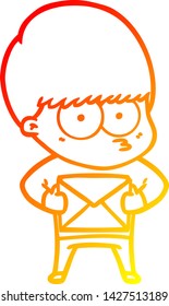 warm gradient line drawing of a nervous cartoon boy
