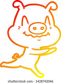warm gradient line drawing of a nervous cartoon pig running