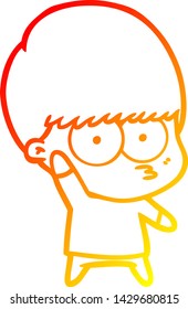 warm gradient line drawing of a nervous cartoon boy waving