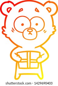 warm gradient line drawing of a nervous polar bear cartoon with gift
