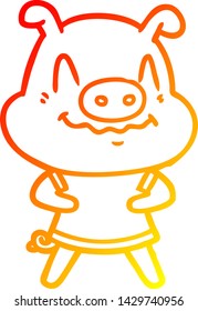 warm gradient line drawing of a nervous cartoon pig