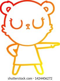 warm gradient line drawing of a peaceful cartoon bear in dress pointing