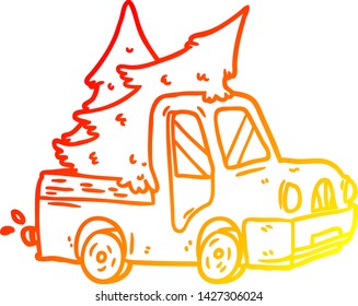 warm gradient line drawing of a pickup truck carrying christmas trees
