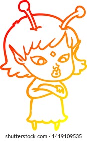 dibujo de línea de gradiente cálido de una bella chica alienígena