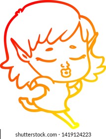warm gradient line drawing of a pretty cartoon elf girl running