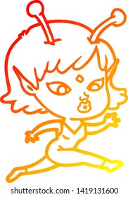 warm gradient line drawing of a pretty cartoon alien girl running