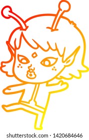 warm gradient line drawing of a pretty cartoon alien girl