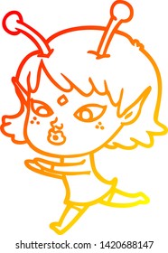 warm gradient line drawing of a pretty cartoon alien girl