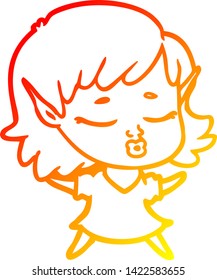 warm gradient line drawing of a pretty cartoon elf girl