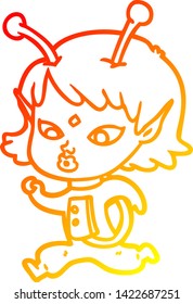 warm gradient line drawing of a pretty cartoon alien girl running