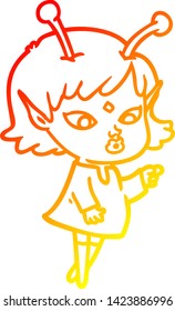 warm gradient line drawing of a pretty cartoon alien girl