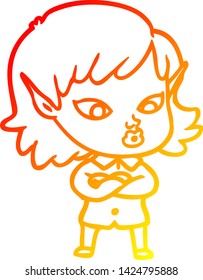 warm gradient line drawing of a pretty cartoon elf girl