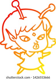 dibujo de línea de gradiente cálido de una bella chica alienígena