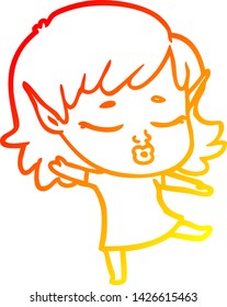 warm gradient line drawing of a pretty cartoon elf girl