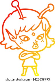 warm gradient line drawing of a pretty cartoon alien girl