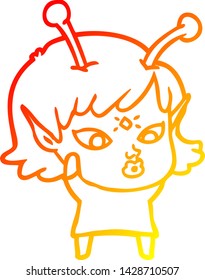 warm gradient line drawing of a pretty cartoon alien girl