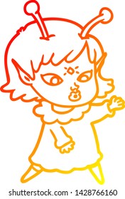 warm gradient line drawing of a pretty cartoon alien girl
