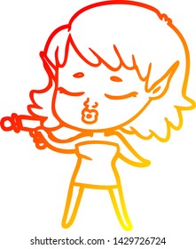 dibujo de una linea de gradiente cálido de una bella chica alienígena con pistola de rayos